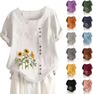 100% Linen Blouse with Floral Embroidery - Button Front Women's Top, Soft & Non-See-Through, Versatile Colors