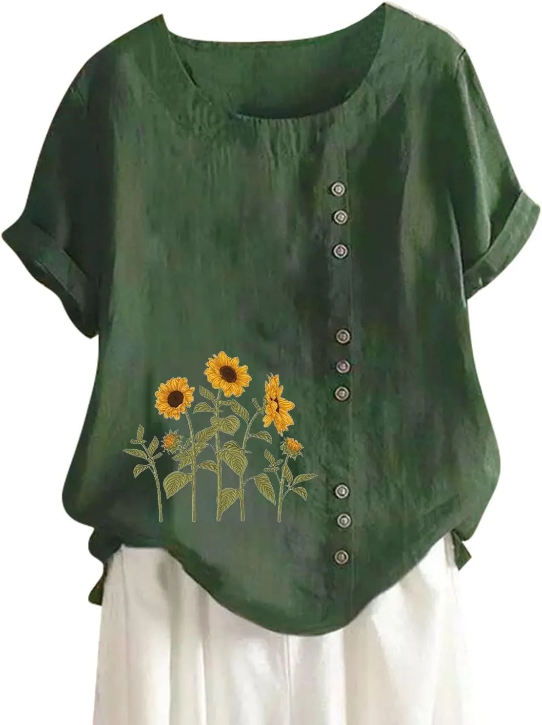 100% Linen Blouse with Floral Embroidery - Button Front Women's Top, Soft & Non-See-Through, Versatile Colors