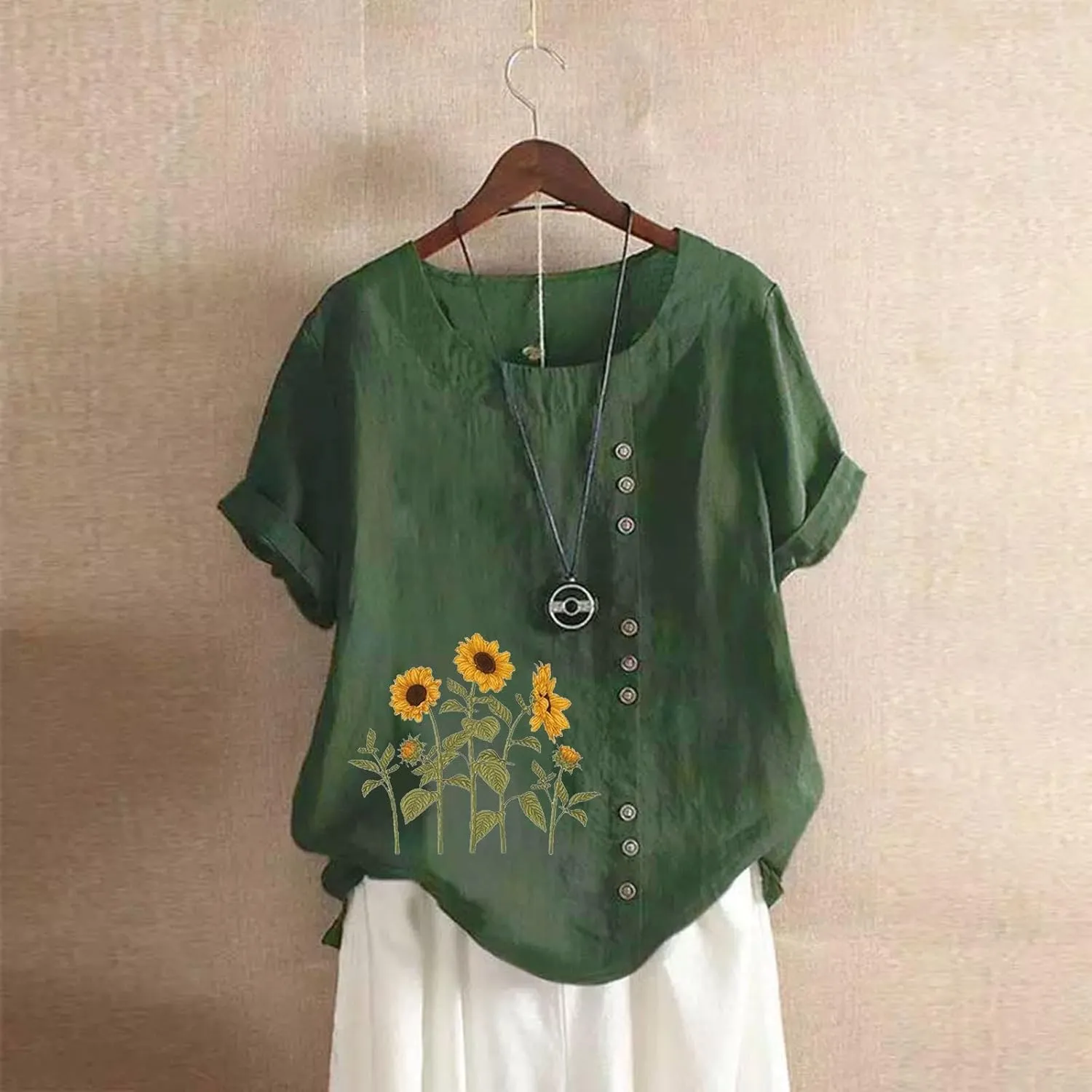 100% Linen Blouse with Floral Embroidery - Button Front Women's Top, Soft & Non-See-Through, Versatile Colors