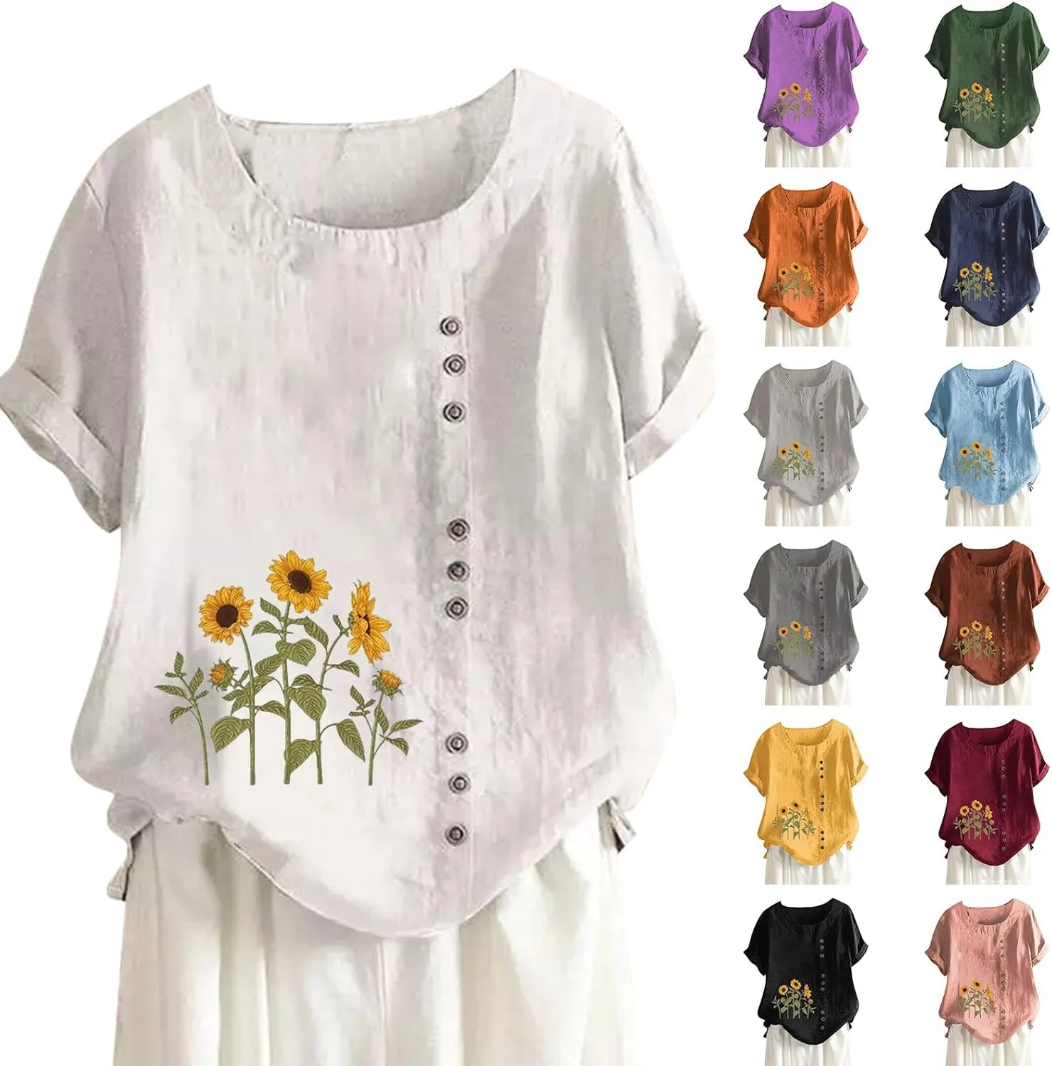 100% Linen Blouse with Floral Embroidery - Button Front Women's Top, Soft & Non-See-Through, Versatile Colors