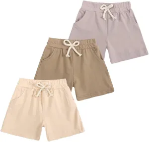 3-Pack Little Boys Girls Shorts with Drawstring and Pockets Toddler Kids Summer Solid Cotton Bottoms