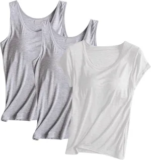 3 Pack Women Modal Built in Bra Tops Summer Soft Comfy Tank Top/Short Sleeve Scoop Neck Yoga Workout Undershirts