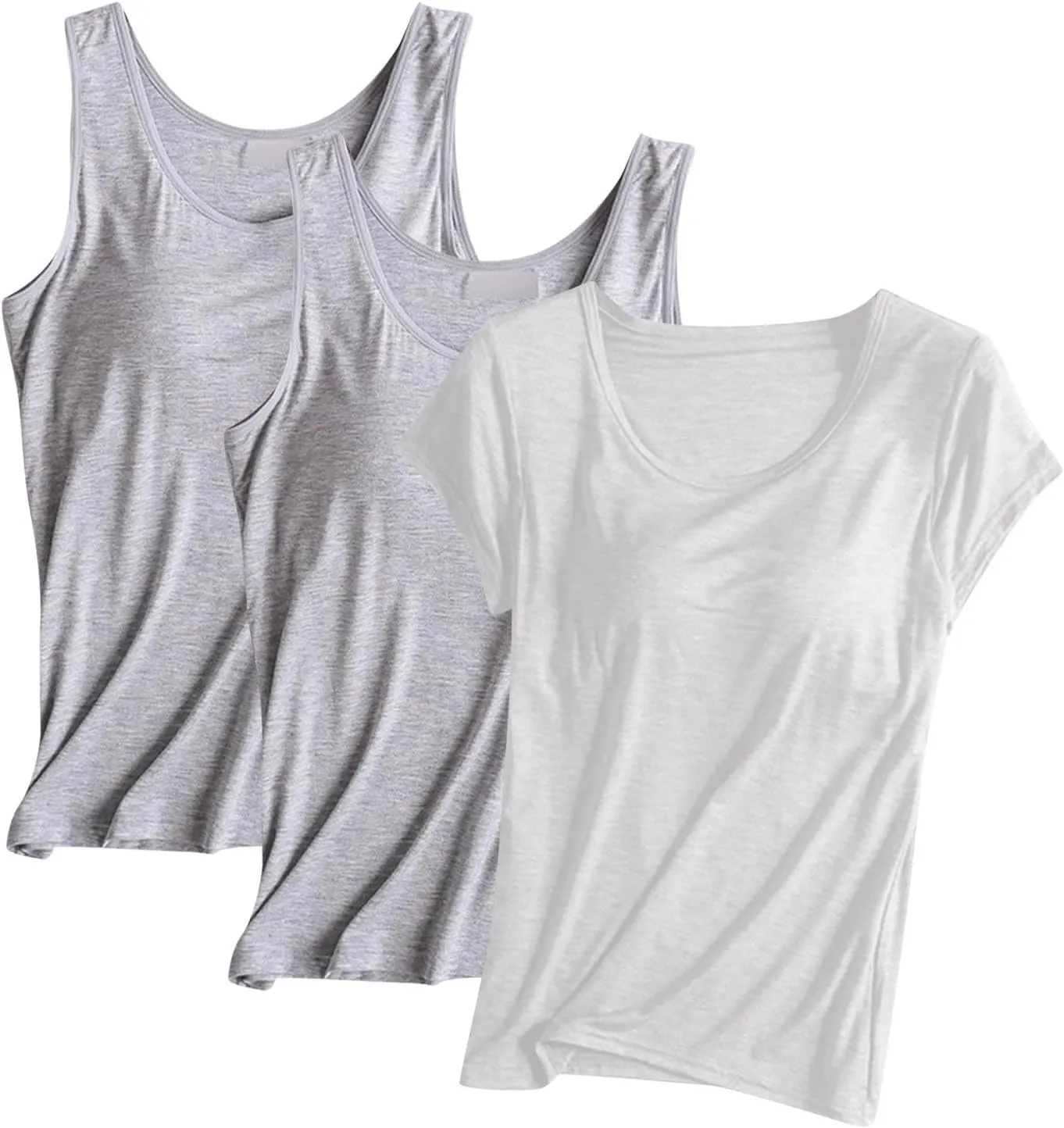 3 Pack Women Modal Built in Bra Tops Summer Soft Comfy Tank Top/Short Sleeve Scoop Neck Yoga Workout Undershirts