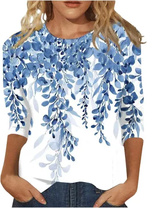 3/4 Length Sleeve Womens Tops 2024 Floral Print Vintage Fashion Casual Loose with Round Neck Plus Size Shirts
