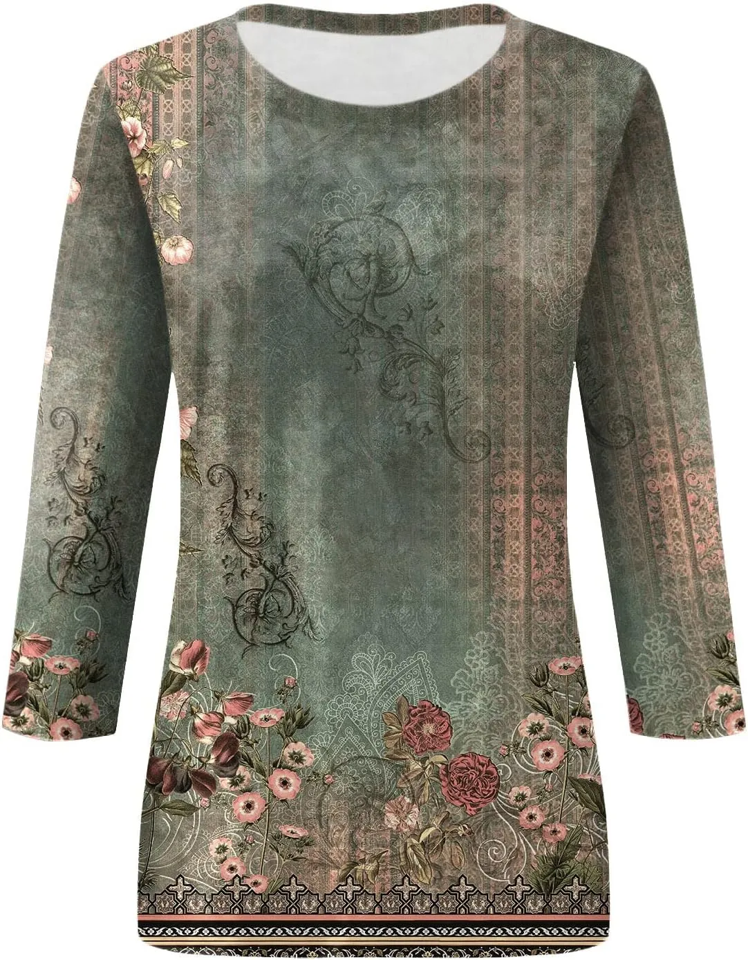 3/4 Length Sleeve Womens Tops Crew Neck Blouses Loose Fit Tunic Tops Casual Tee Shirt Floral Print Summer T-Shirts