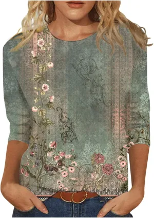 3/4 Length Sleeve Womens Tops Crew Neck Blouses Loose Fit Tunic Tops Casual Tee Shirt Floral Print Summer T-Shirts