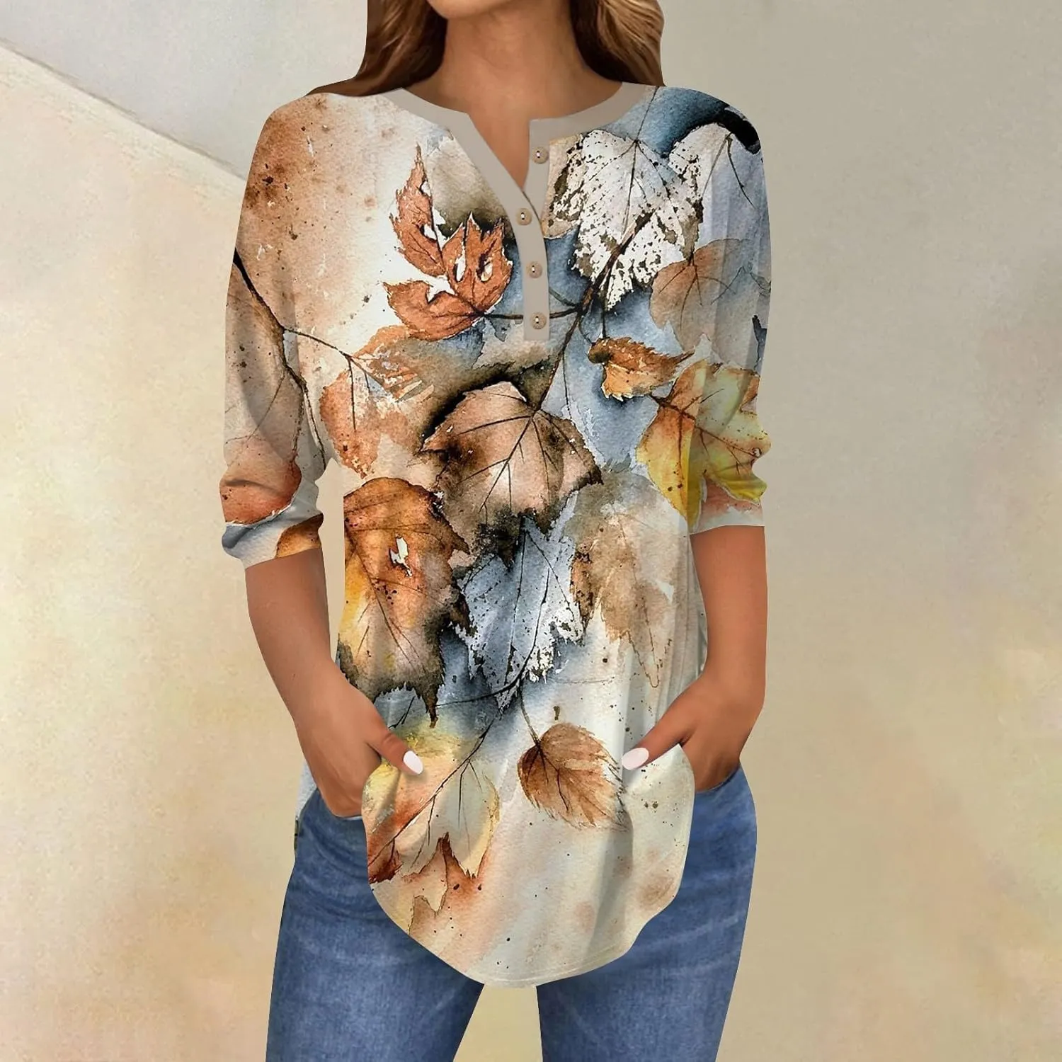 3/4 Length Sleeve Womens Tops Dressy Casual Henley Neck Button Down Shirts Floral Blouses Summer Tops Tunic Top