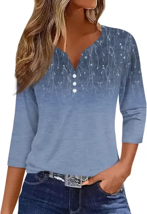 3/4 Length Sleeve Womens Tops Dressy Casual T-Shirt V Neck Button Down Shirts Floral Blouses