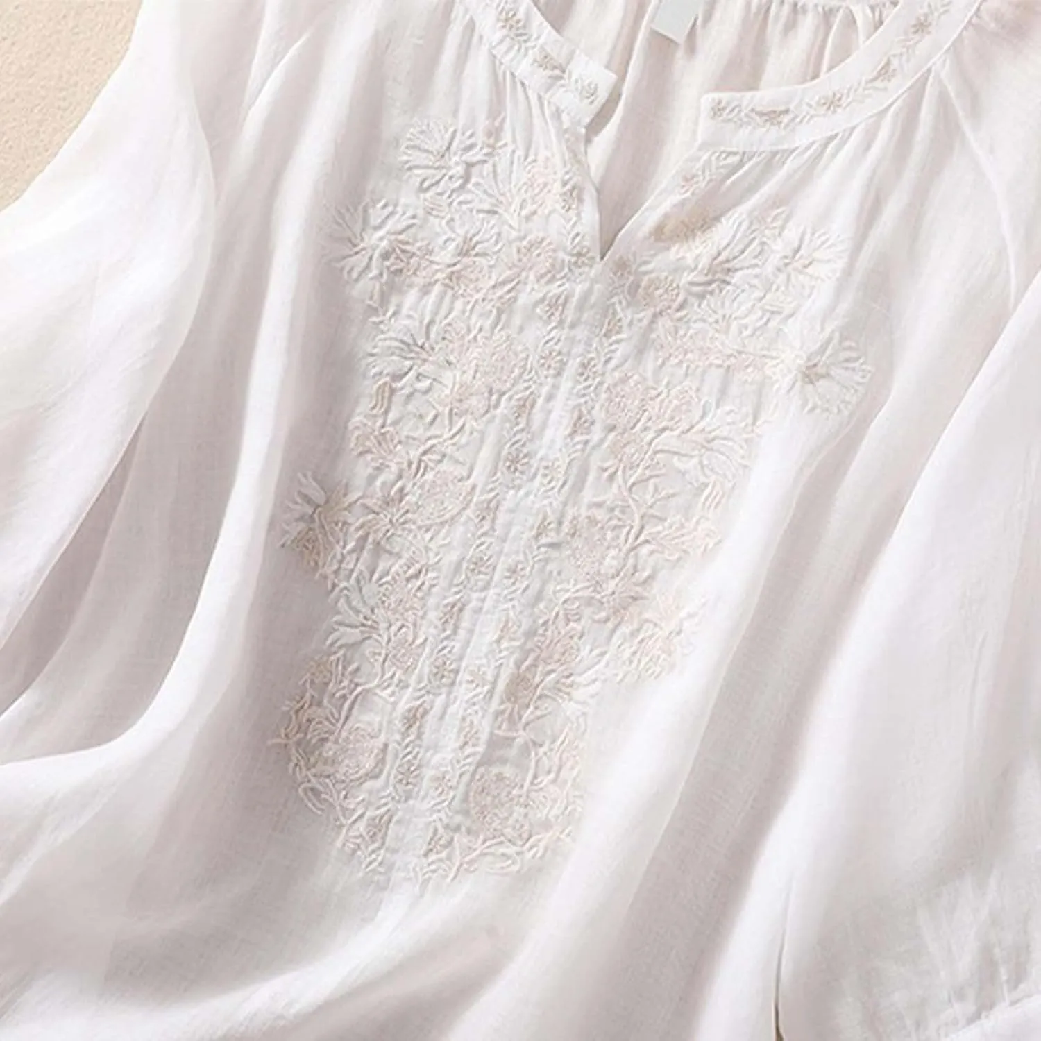 3/4 Sleeve Linen Shirts for Women 2025 Summer Retro Embroidered Boho Tops V-Neck Dressy Casual Trendy Vacation Blouse