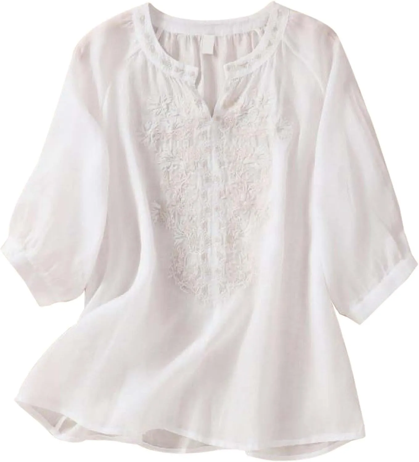 3/4 Sleeve Linen Shirts for Women 2025 Summer Retro Embroidered Boho Tops V-Neck Dressy Casual Trendy Vacation Blouse