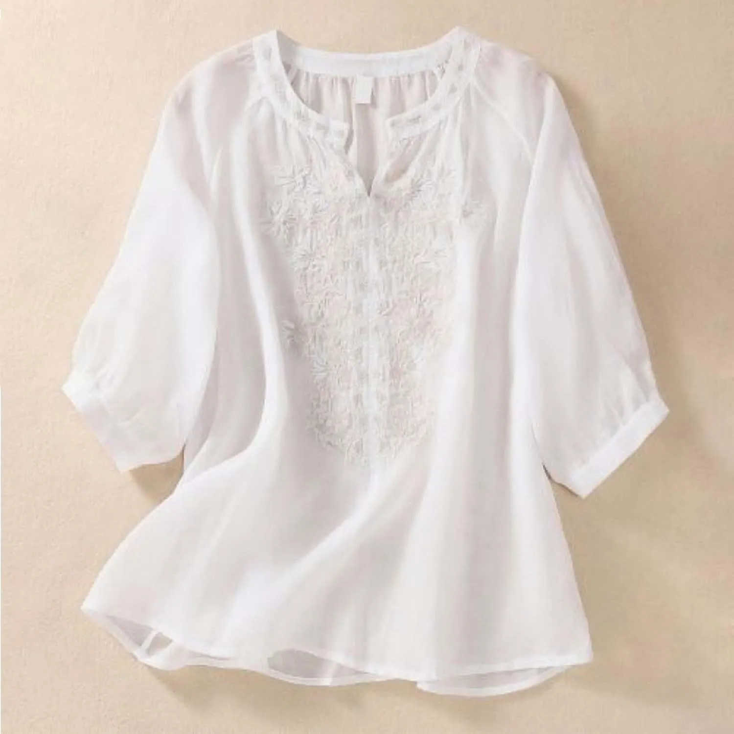3/4 Sleeve Linen Shirts for Women 2025 Summer Retro Embroidered Boho Tops V-Neck Dressy Casual Trendy Vacation Blouse