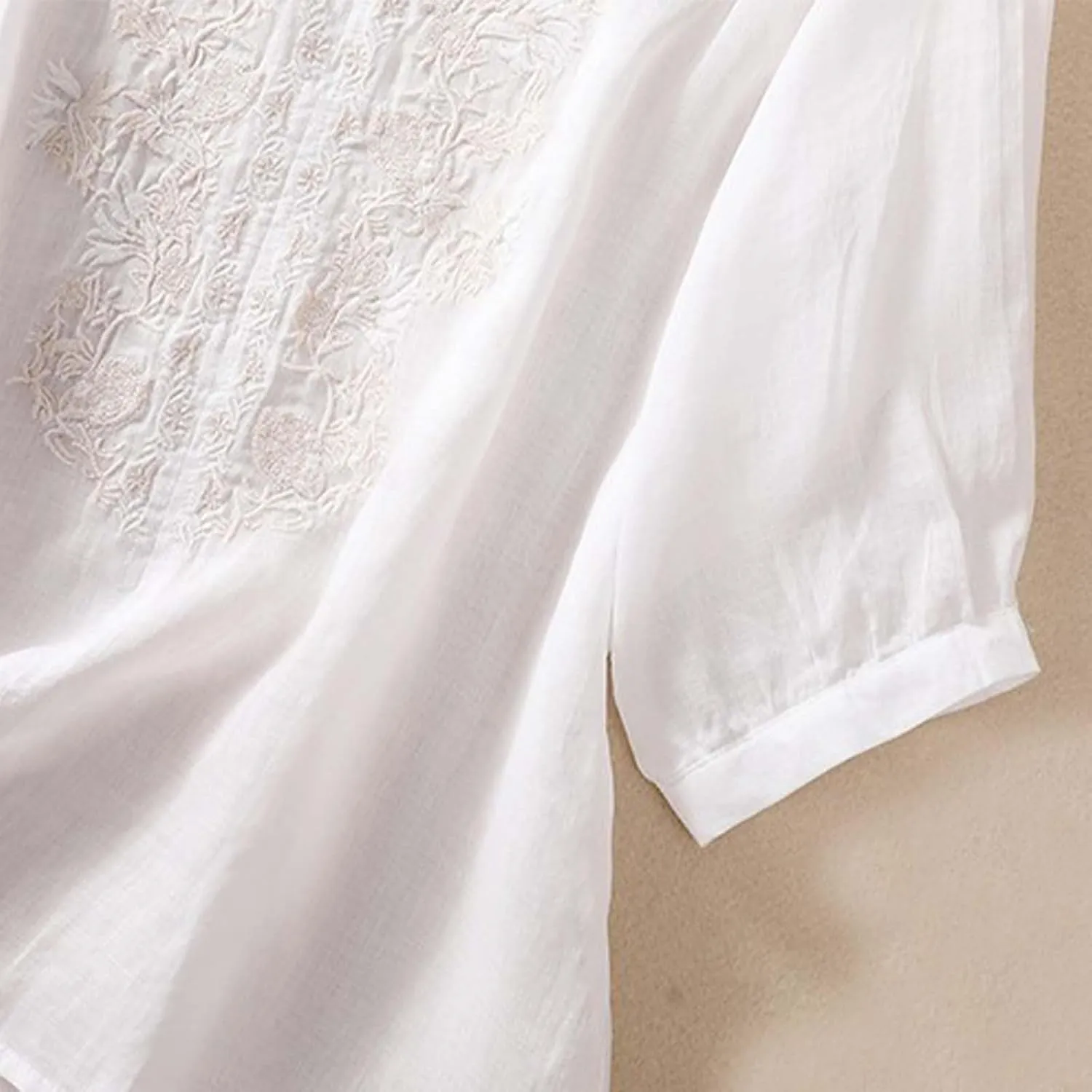 3/4 Sleeve Linen Shirts for Women 2025 Summer Retro Embroidered Boho Tops V-Neck Dressy Casual Trendy Vacation Blouse