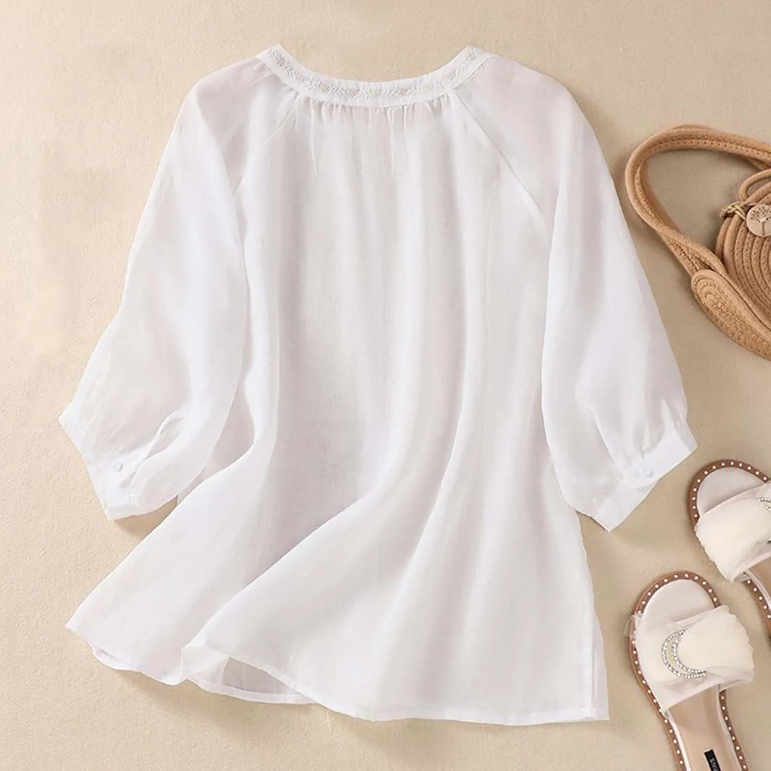 3/4 Sleeve Linen Shirts for Women 2025 Summer Retro Embroidered Boho Tops V-Neck Dressy Casual Trendy Vacation Blouse