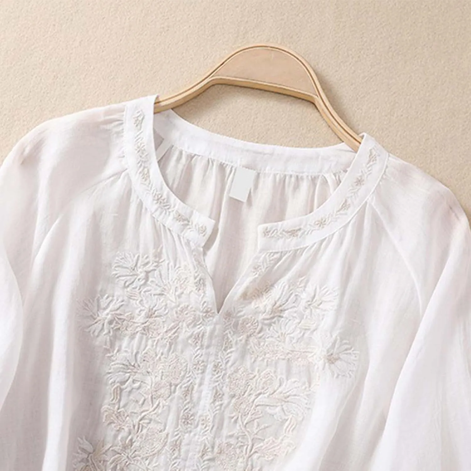 3/4 Sleeve Linen Shirts for Women 2025 Summer Retro Embroidered Boho Tops V-Neck Dressy Casual Trendy Vacation Blouse