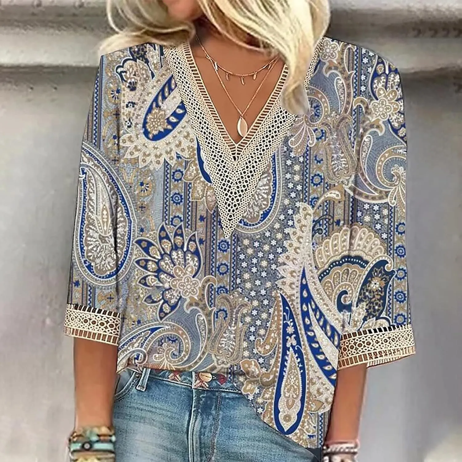 3/4 Sleeve Tops for Women Hollow V Neck Dressy Blouses Floral Print Layers Mesh Shirts Loose Fit Tunic Tops