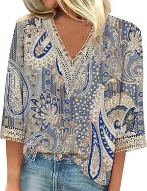 3/4 Sleeve Tops for Women Hollow V Neck Dressy Blouses Floral Print Layers Mesh Shirts Loose Fit Tunic Tops