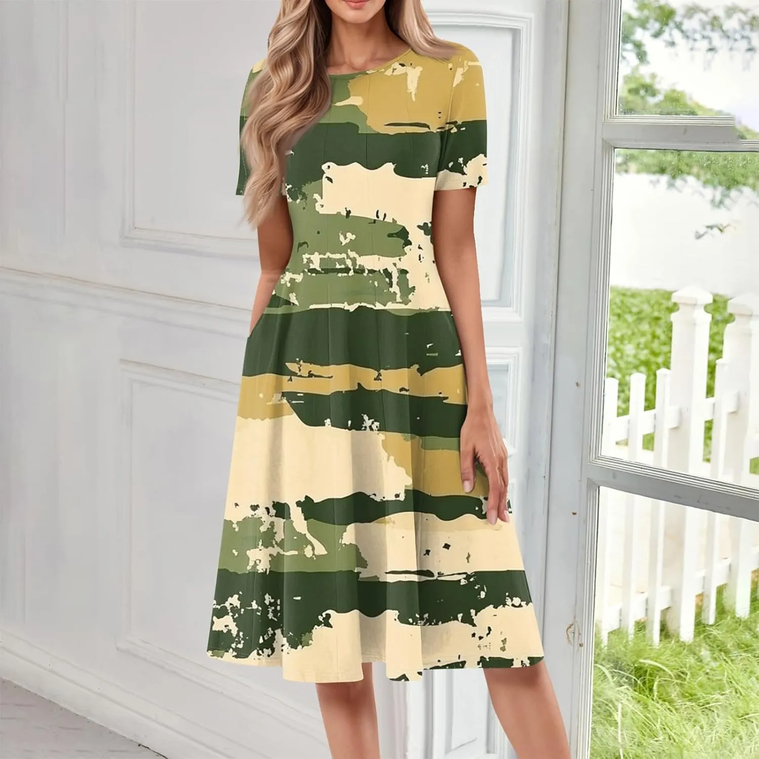 ADHOWBEW Boho Dresses for Women 2025 Short Sleeve Beach Cute Sexy Hawaiian Comfy Loose Fit Casual O Neck Dresses