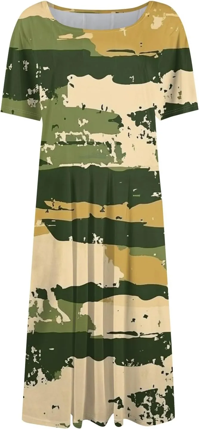 ADHOWBEW Boho Dresses for Women 2025 Short Sleeve Beach Cute Sexy Hawaiian Comfy Loose Fit Casual O Neck Dresses