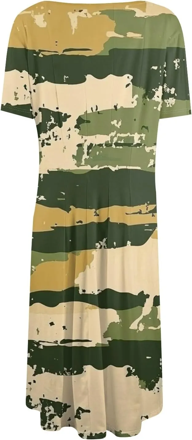 ADHOWBEW Boho Dresses for Women 2025 Short Sleeve Beach Cute Sexy Hawaiian Comfy Loose Fit Casual O Neck Dresses