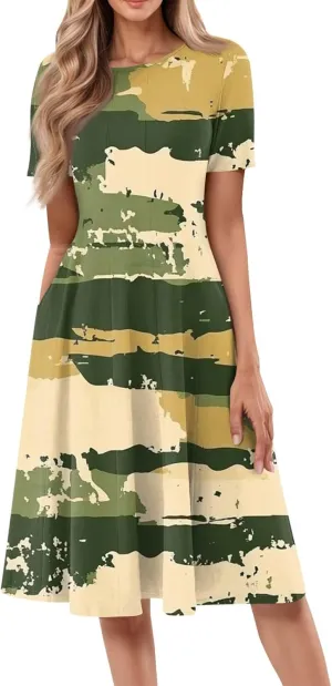 ADHOWBEW Boho Dresses for Women 2025 Short Sleeve Beach Cute Sexy Hawaiian Comfy Loose Fit Casual O Neck Dresses