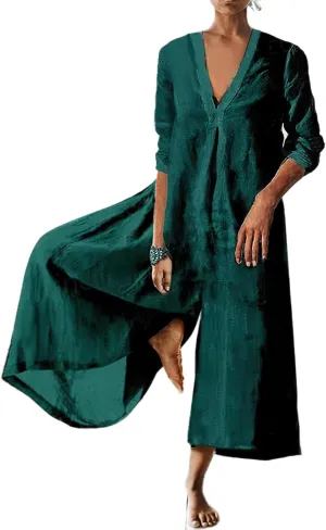 Akivide Women's Cotton Linen Long Sleeve Wide Leg Jumpsuits Casual Loose V Neck Long Pants Rompers
