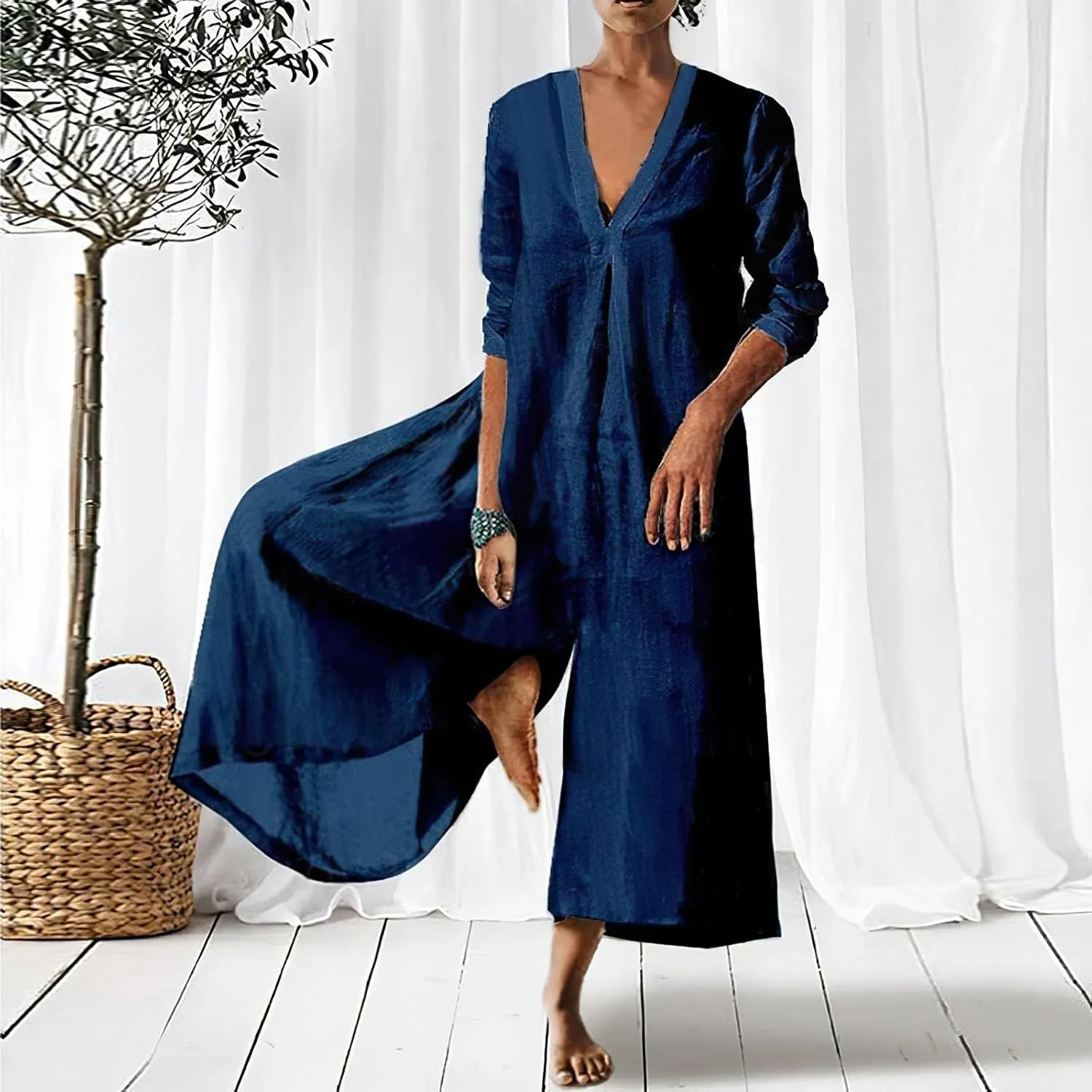 Akivide Women's Cotton Linen Long Sleeve Wide Leg Jumpsuits Casual Loose V Neck Long Pants Rompers