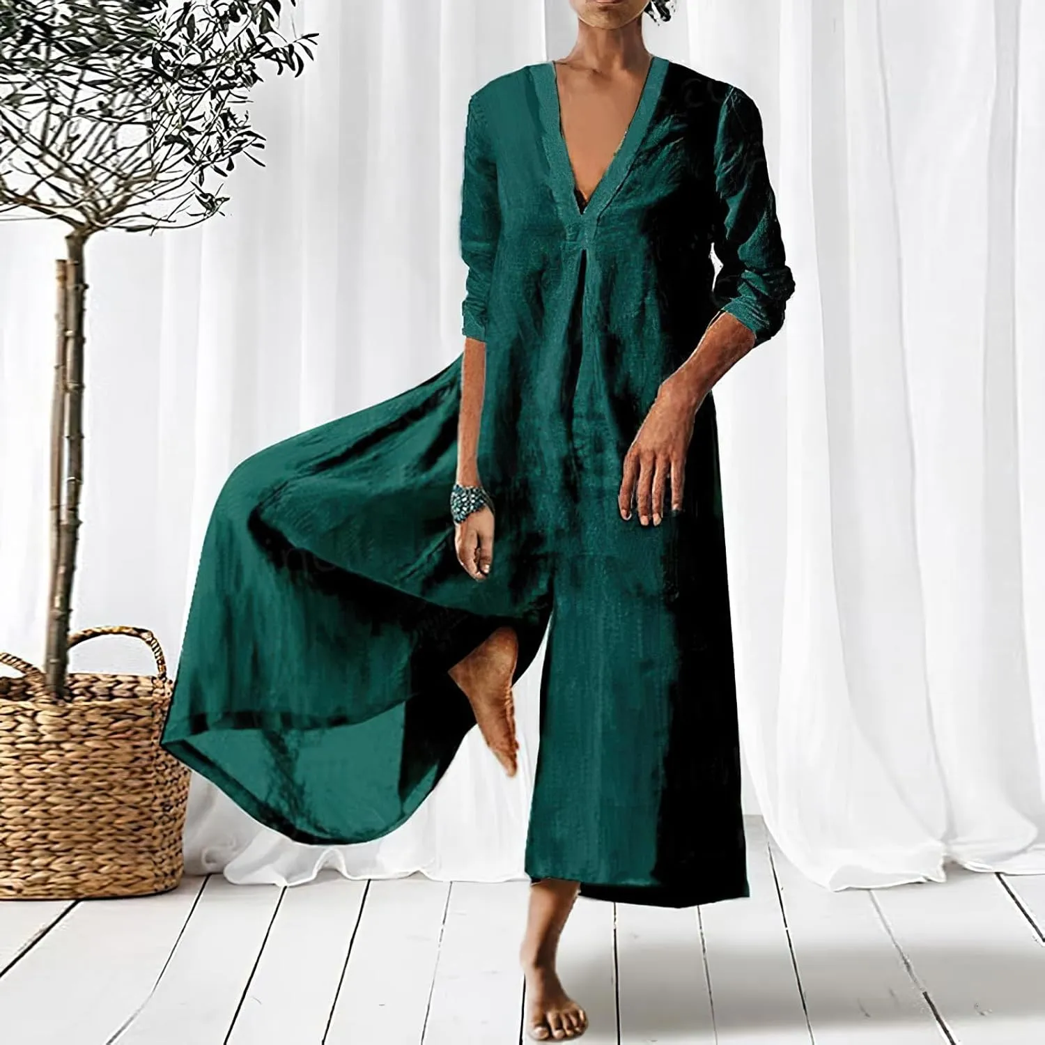 Akivide Women's Cotton Linen Long Sleeve Wide Leg Jumpsuits Casual Loose V Neck Long Pants Rompers