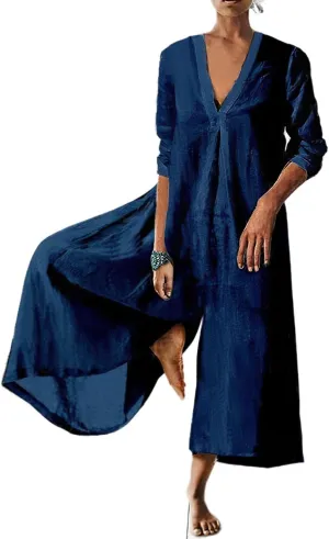 Akivide Women's Cotton Linen Long Sleeve Wide Leg Jumpsuits Casual Loose V Neck Long Pants Rompers