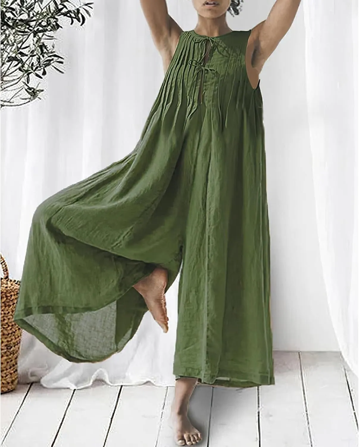 Akivide Women's Cotton Linen Wide Leg Jumpsuits Casual Summer Loose Sleeveless Long Pants Rompers