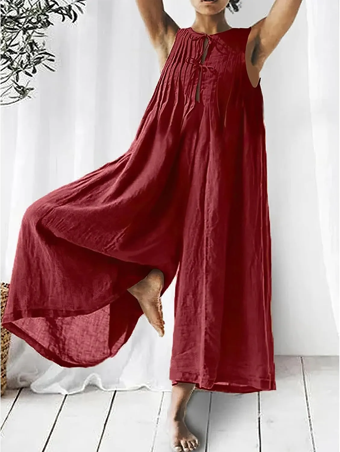 Akivide Women's Cotton Linen Wide Leg Jumpsuits Casual Summer Loose Sleeveless Long Pants Rompers