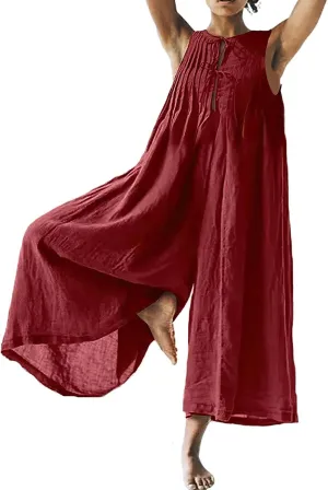 Akivide Women's Cotton Linen Wide Leg Jumpsuits Casual Summer Loose Sleeveless Long Pants Rompers