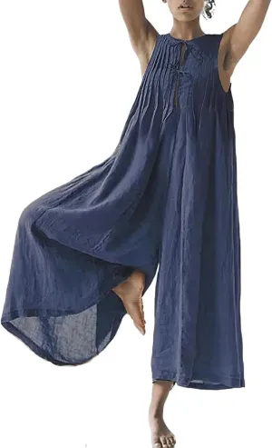 Akivide Women's Cotton Linen Wide Leg Jumpsuits Casual Summer Loose Sleeveless Long Pants Rompers
