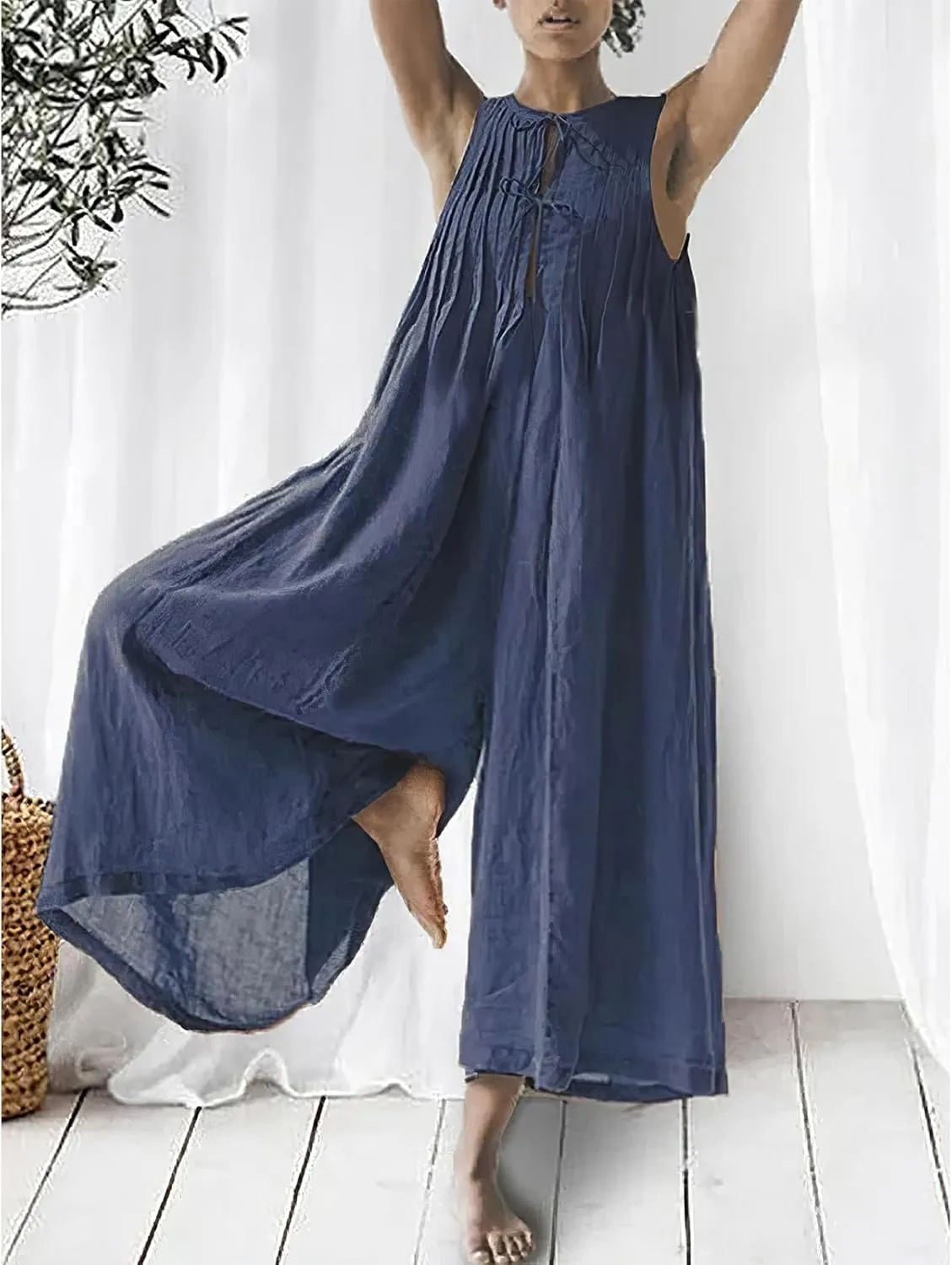 Akivide Women's Cotton Linen Wide Leg Jumpsuits Casual Summer Loose Sleeveless Long Pants Rompers