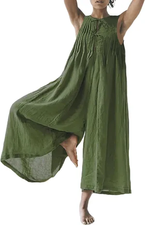 Akivide Women's Cotton Linen Wide Leg Jumpsuits Casual Summer Loose Sleeveless Long Pants Rompers