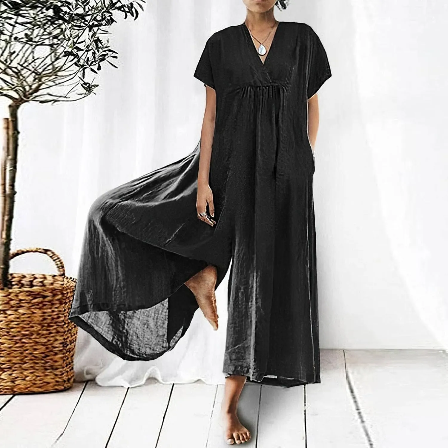 Akivide Women's Cotton Linen Wide Leg Jumpsuits Casual Summer V Neck Short Sleeve Long Pants Rompers