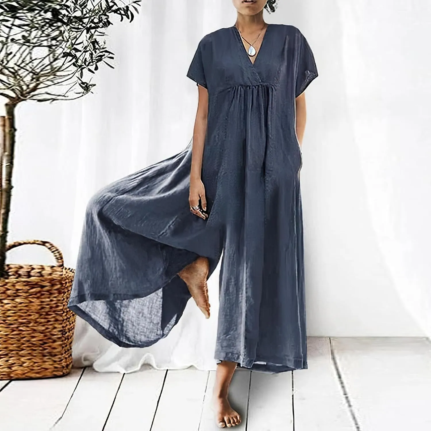 Akivide Women's Cotton Linen Wide Leg Jumpsuits Casual Summer V Neck Short Sleeve Long Pants Rompers