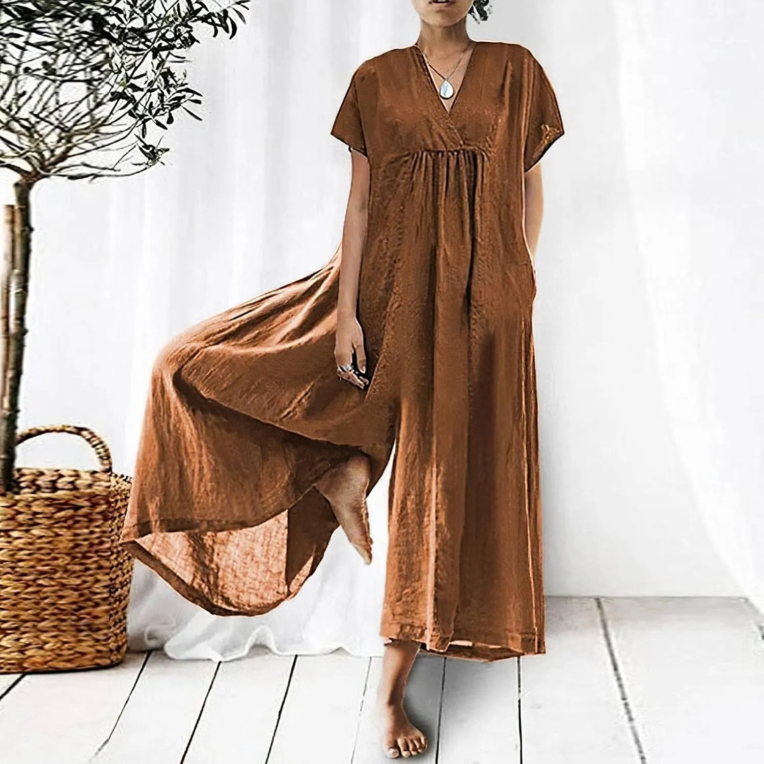 Akivide Women's Cotton Linen Wide Leg Jumpsuits Casual Summer V Neck Short Sleeve Long Pants Rompers