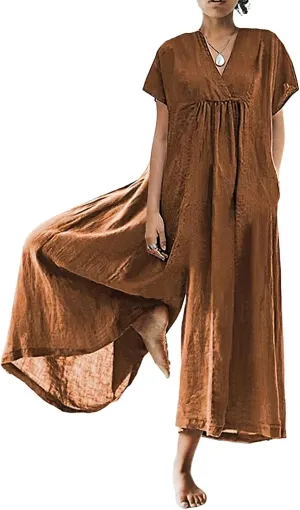 Akivide Women's Cotton Linen Wide Leg Jumpsuits Casual Summer V Neck Short Sleeve Long Pants Rompers