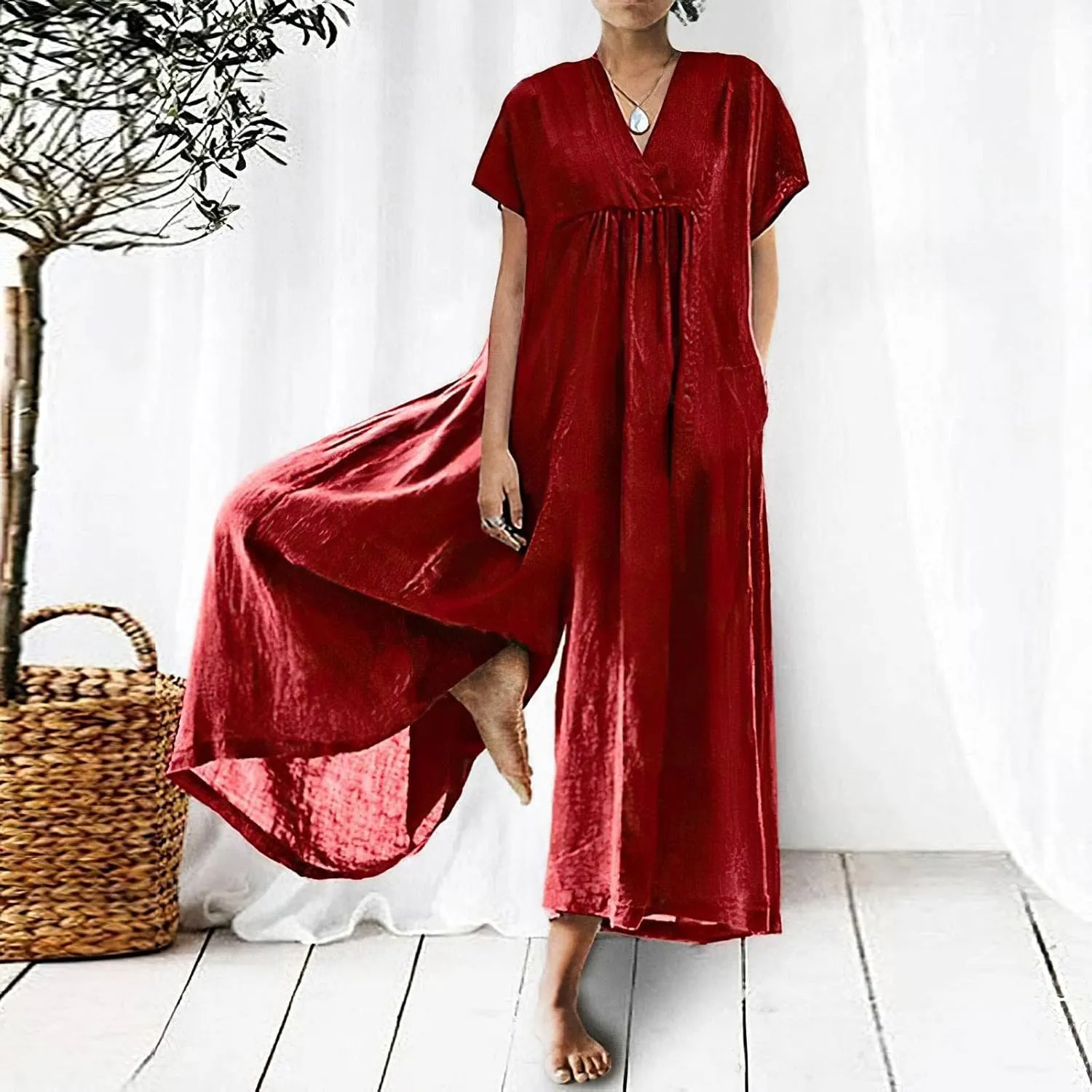 Akivide Women's Cotton Linen Wide Leg Jumpsuits Casual Summer V Neck Short Sleeve Long Pants Rompers