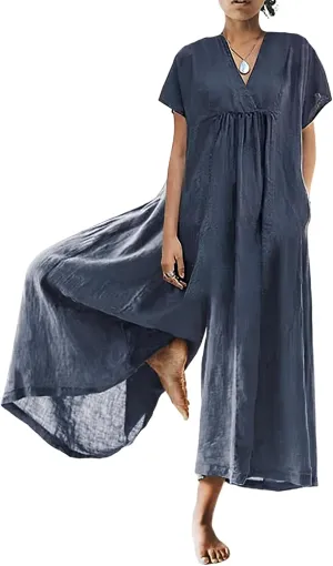 Akivide Women's Cotton Linen Wide Leg Jumpsuits Casual Summer V Neck Short Sleeve Long Pants Rompers