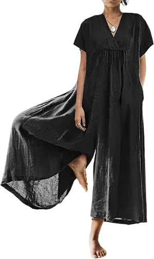 Akivide Women's Cotton Linen Wide Leg Jumpsuits Casual Summer V Neck Short Sleeve Long Pants Rompers