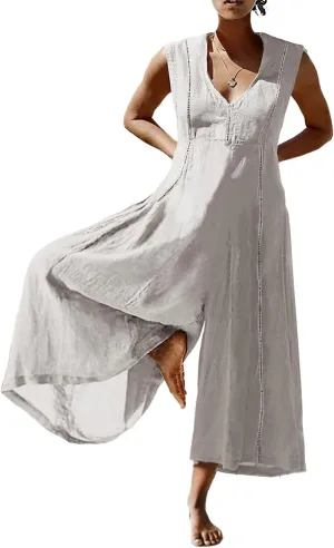 Akivide Women's Cotton Linen Wide Leg Jumpsuits Casual Summer V Neck Sleeveless Long Pants Rompers