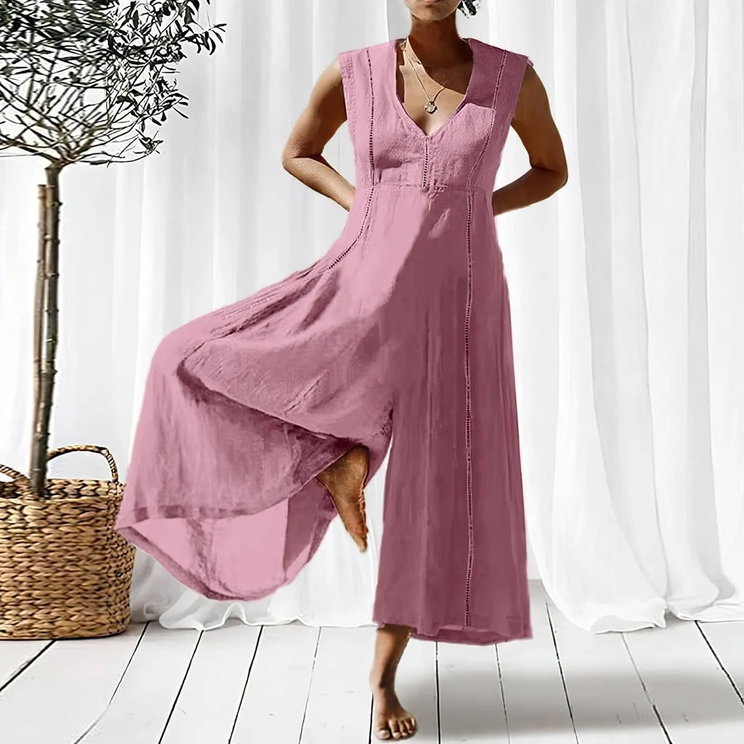 Akivide Women's Cotton Linen Wide Leg Jumpsuits Casual Summer V Neck Sleeveless Long Pants Rompers