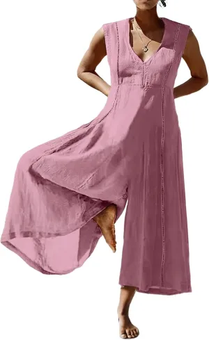 Akivide Women's Cotton Linen Wide Leg Jumpsuits Casual Summer V Neck Sleeveless Long Pants Rompers