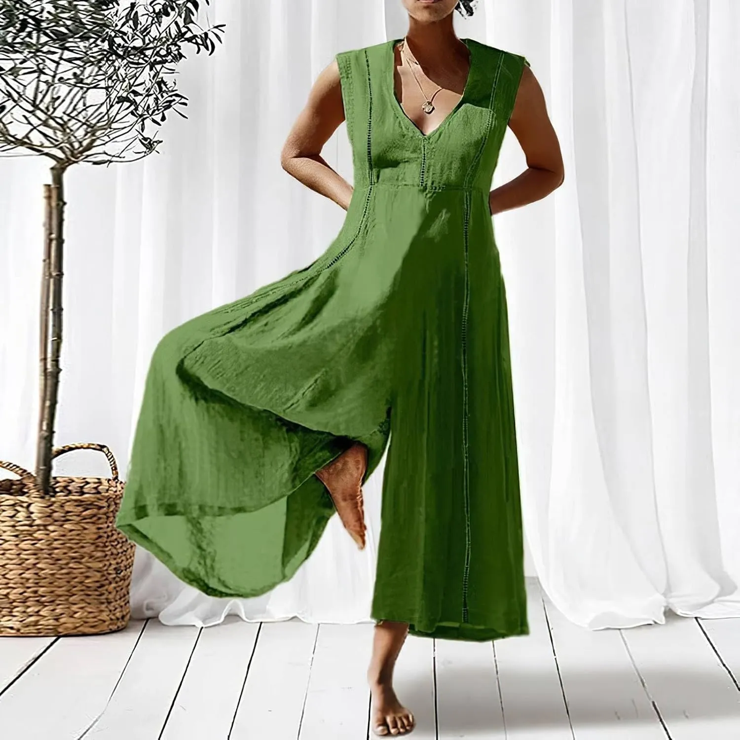 Akivide Women's Cotton Linen Wide Leg Jumpsuits Casual Summer V Neck Sleeveless Long Pants Rompers