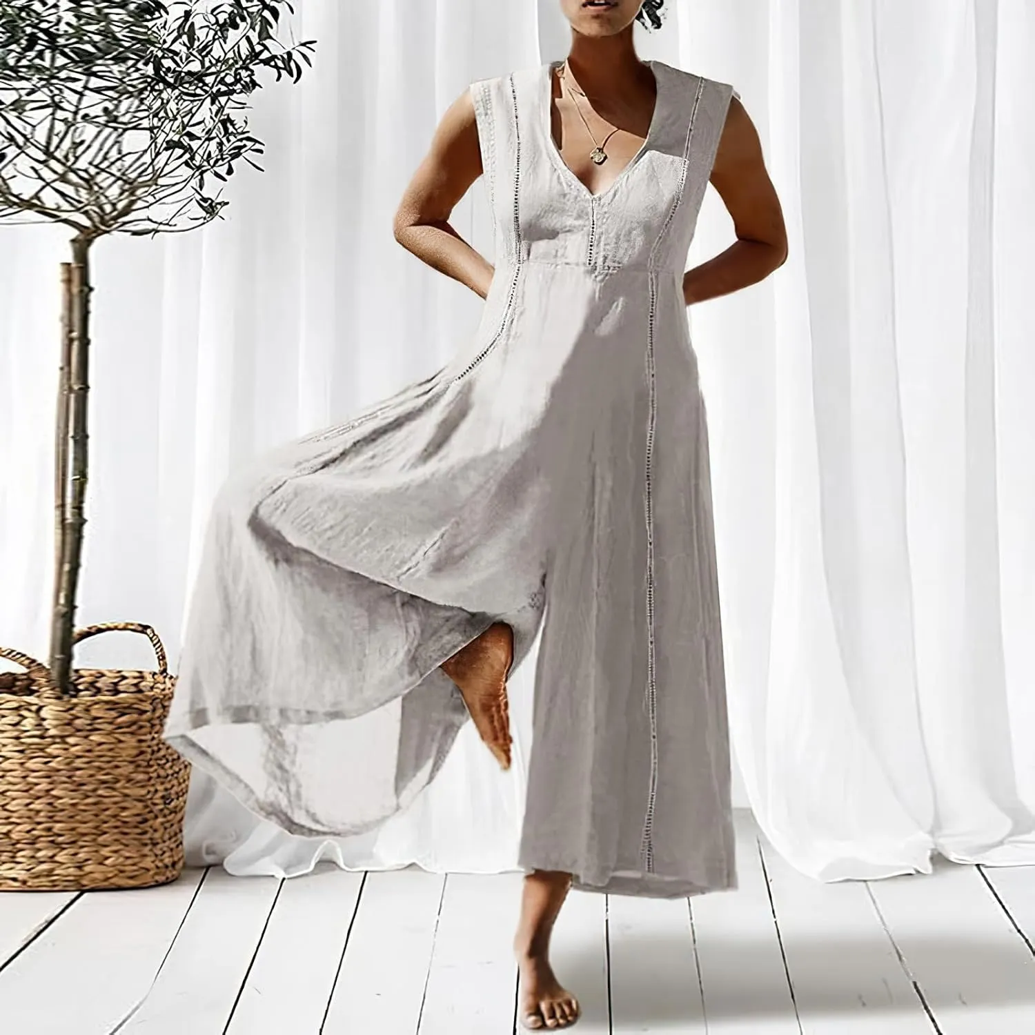 Akivide Women's Cotton Linen Wide Leg Jumpsuits Casual Summer V Neck Sleeveless Long Pants Rompers