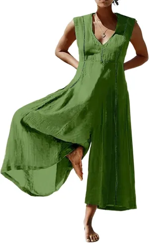 Akivide Women's Cotton Linen Wide Leg Jumpsuits Casual Summer V Neck Sleeveless Long Pants Rompers