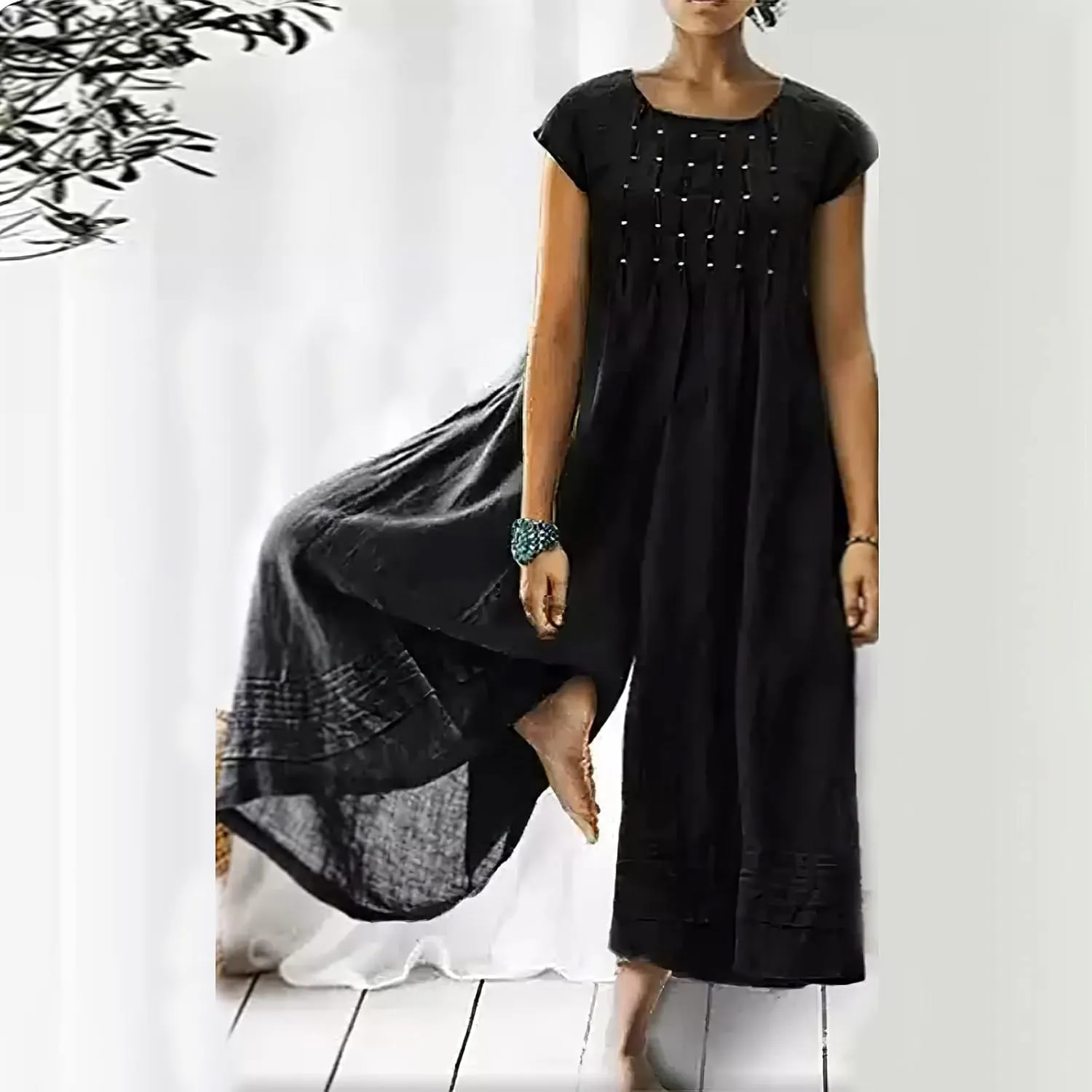 Akivide Women's Loose Cotton Linen Wide Leg Jumpsuits Casual Summer Short Sleeve Long Pants Rompers