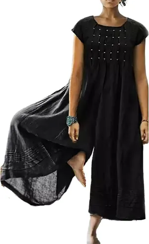 Akivide Women's Loose Cotton Linen Wide Leg Jumpsuits Casual Summer Short Sleeve Long Pants Rompers