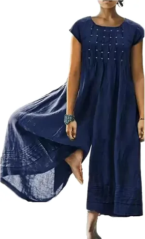 Akivide Women's Loose Cotton Linen Wide Leg Jumpsuits Casual Summer Short Sleeve Long Pants Rompers